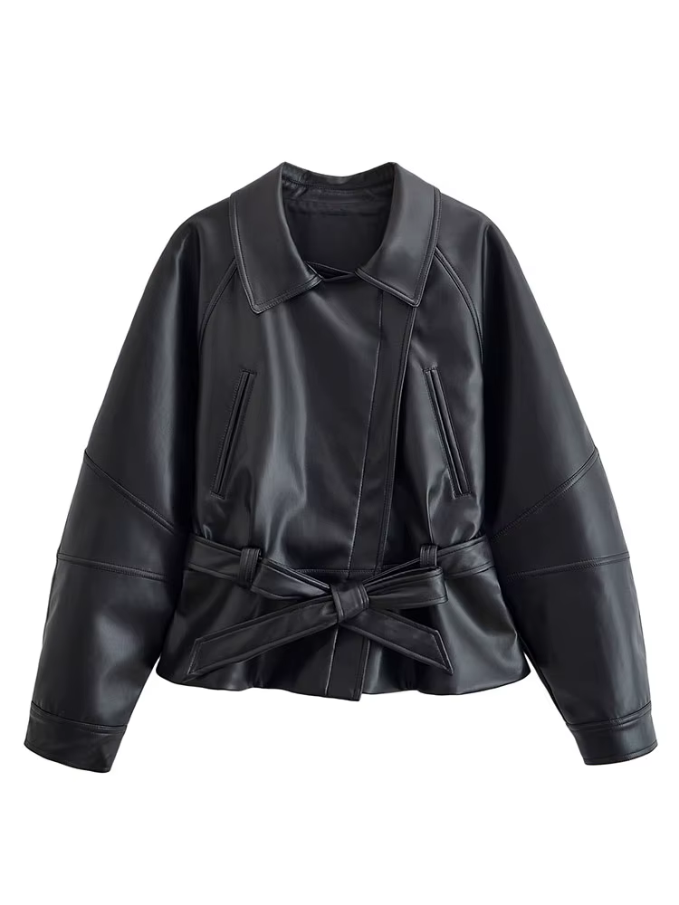 HH femmes Vintage moto veste avec ceinture Faux cuir Trench manteau à manches longues revers veste à