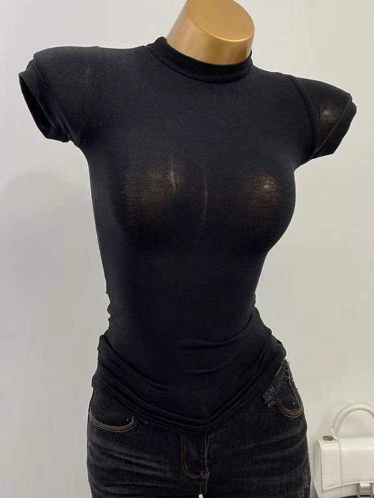 T-shirt à Manches Courtes et Col Mi-haut, Haut Transparent, Coupe Slim, artificiel astique, Couleur