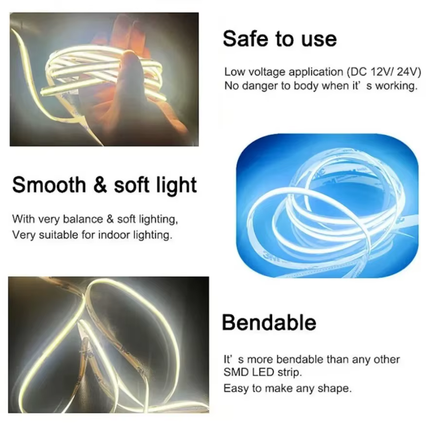 Bande lumineuse LED COB ultra fine avec prise CC, éclairage linéaire à intensité variable, décoratio