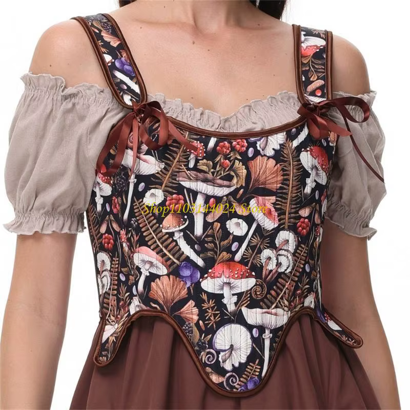 Corset victorien ajustable pour femme, gaine amincissante, bustier vintage à imprimé champignon, ave