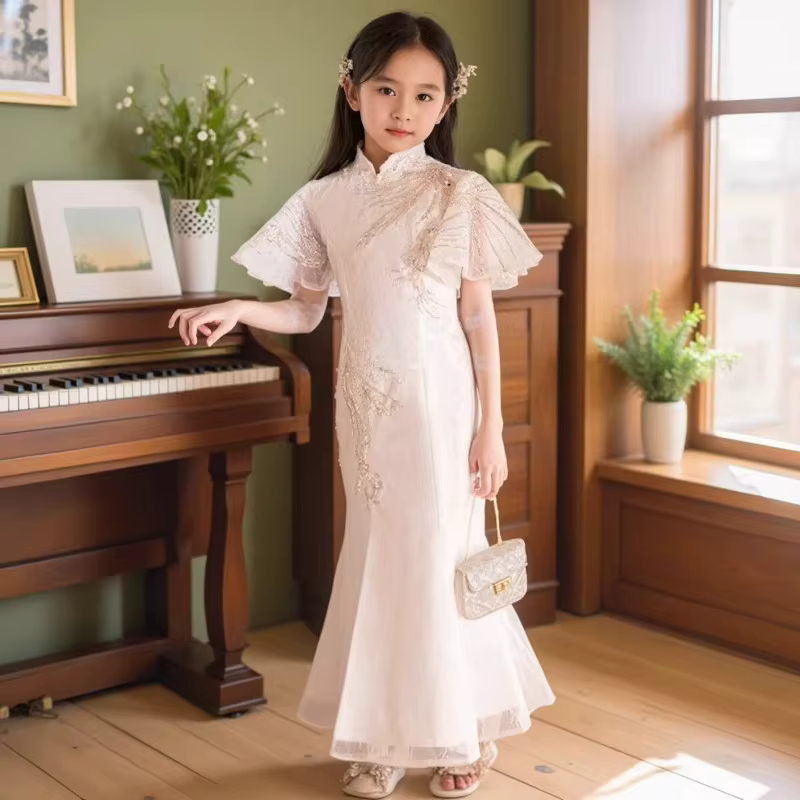 Robe Qipao Blanche pour Filles, Robe Enfant, Tenue de Cérémonie pour Enfants, Costume de Fête Formel