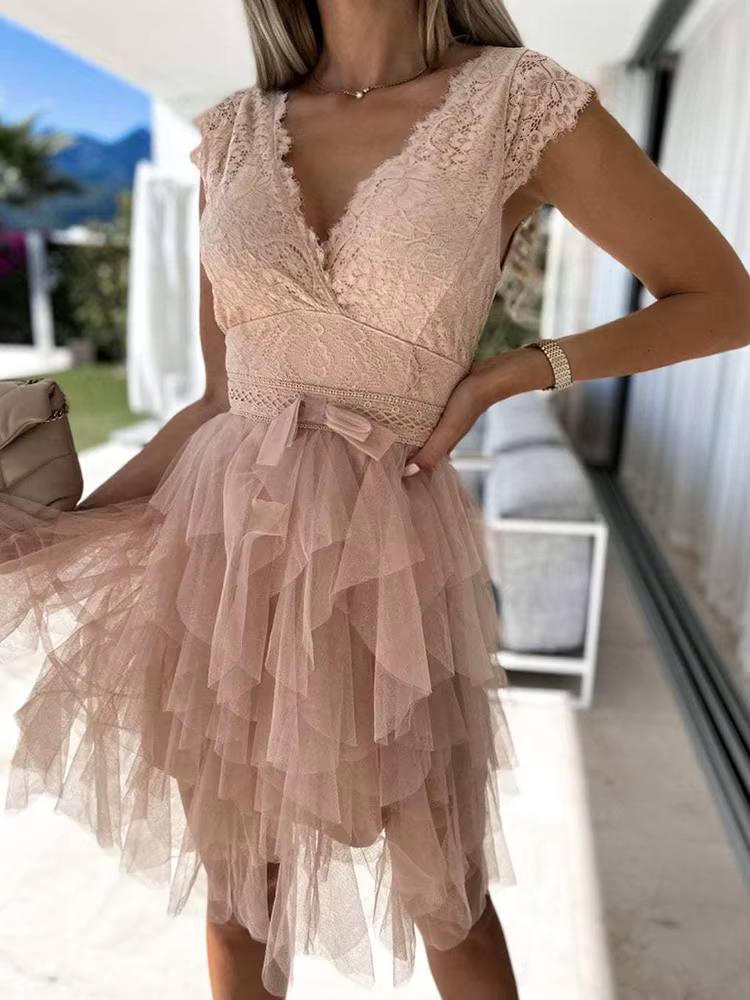 Dentelle col en V femmes taille haute robe unie été dame Patchwork maille robe asymétrique sans manc