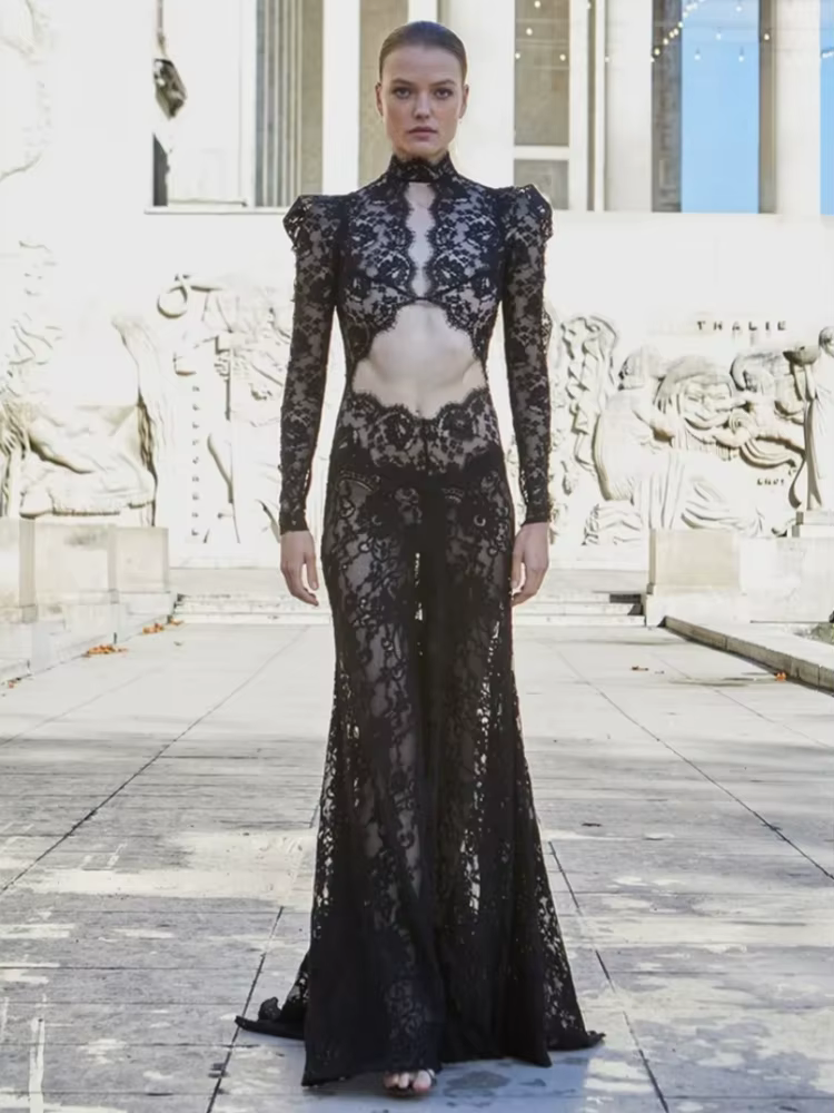 Robe longue en dentelle ajourée pour femmes, Sexy, manches longues, Design, noire, col rond, fendue,