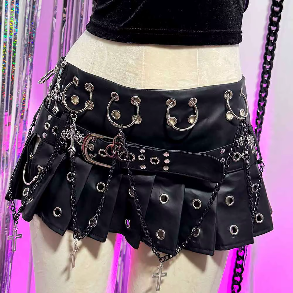Mini-jupe gothique emo en cuir PU pour adolescentes, style grunge, punk rock, festival, rave, Y2K, v