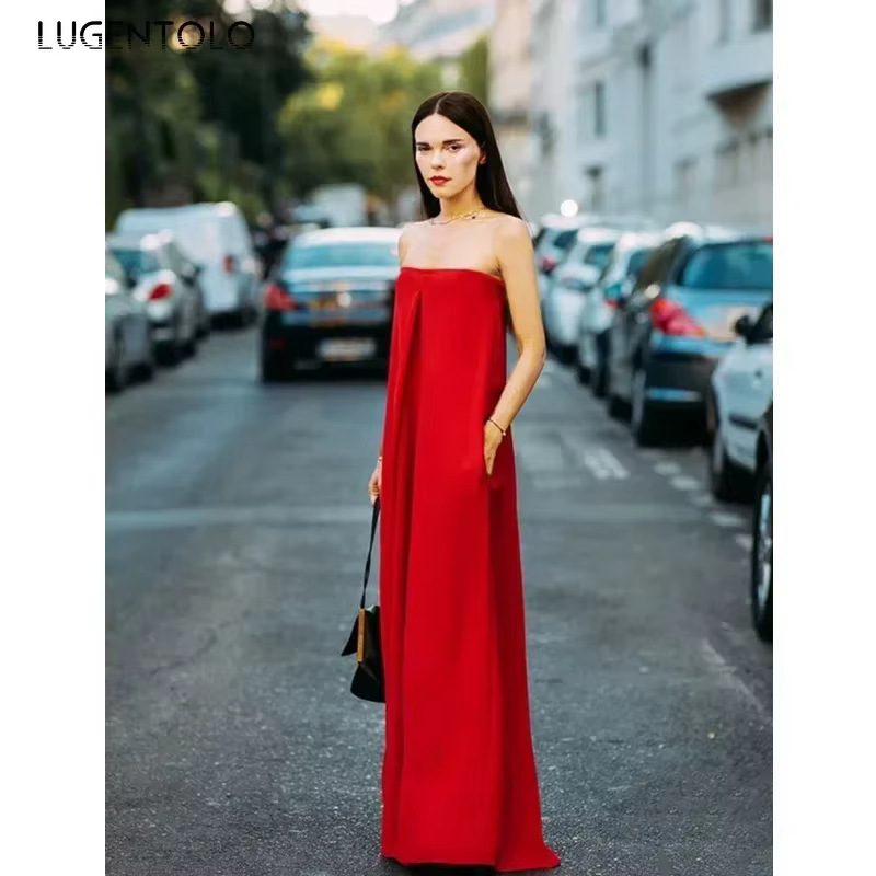 Combinaison portefeuille rouge pour femmes, Sexy, mince, taille haute, poches, dame, ample, élégant,