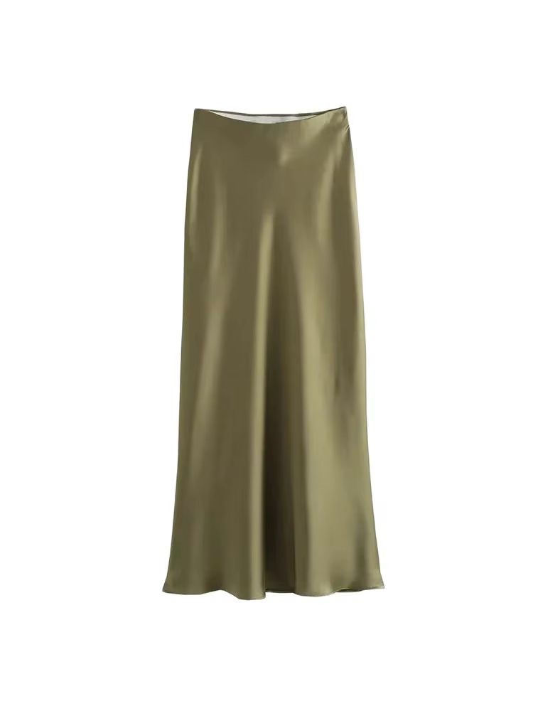 Jupe mi-longue semblable à de soie pour femmes, doux au toucher, taille haute, ceinture élastique, C