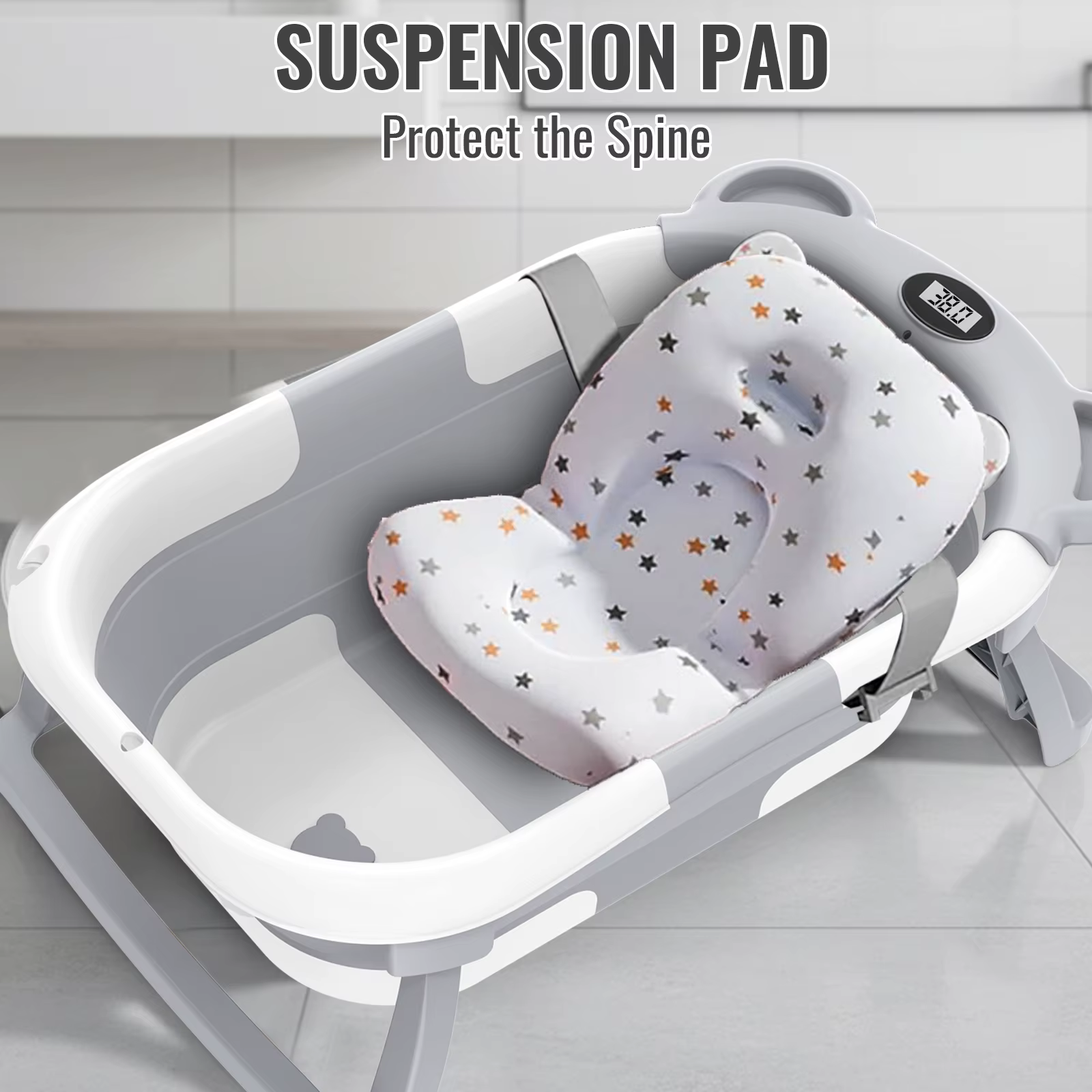 Baignoire pliable pour bébé avec thermomètre, baignoire de voyage portable avec tapis de bain doux, 