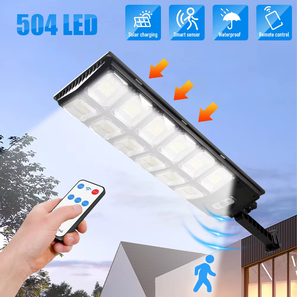 Lampe solaire à 504 LED avec détecteur de mouvement, 12000 lumens, étanche, luminaire d'extérieur, i