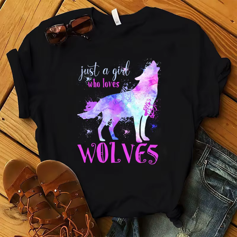 T-shirt manches courtes col rond femme, Just A Girl Love Wolves Print