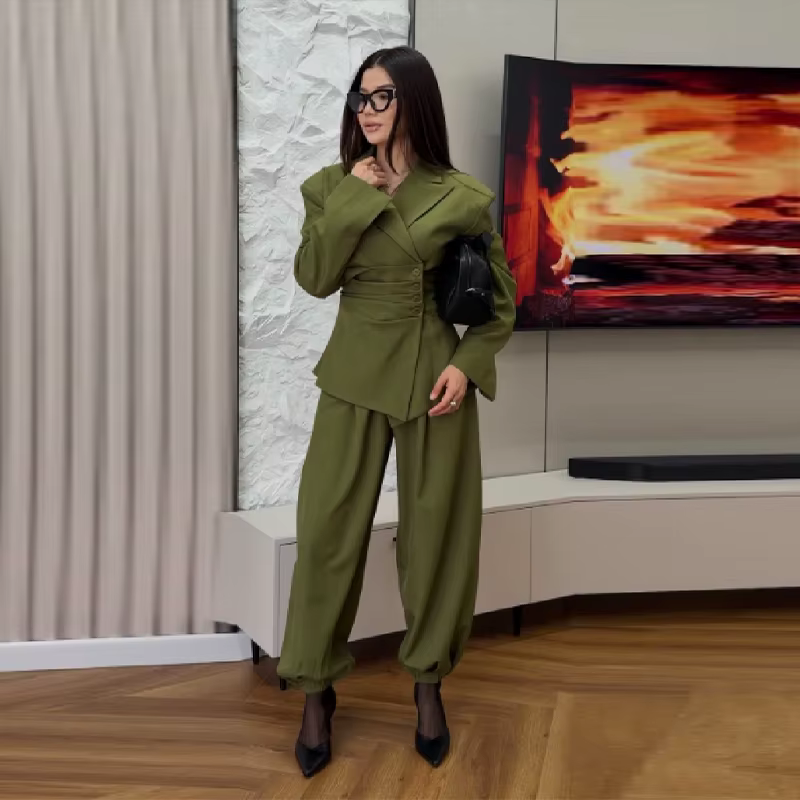 Ensemble blazer plissé cintré à boutons pour femme 2026 – Veste de bureau à épaulettes et revers, pa