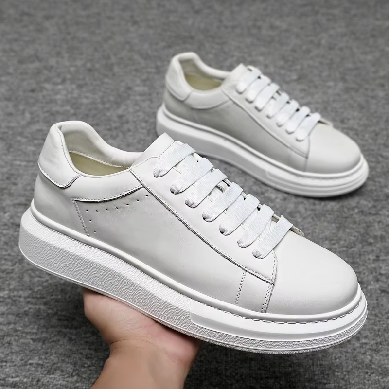 Chaussures blanches en cuir de vache pour hommes, première couche, semelle épaisse, chaussures de sp