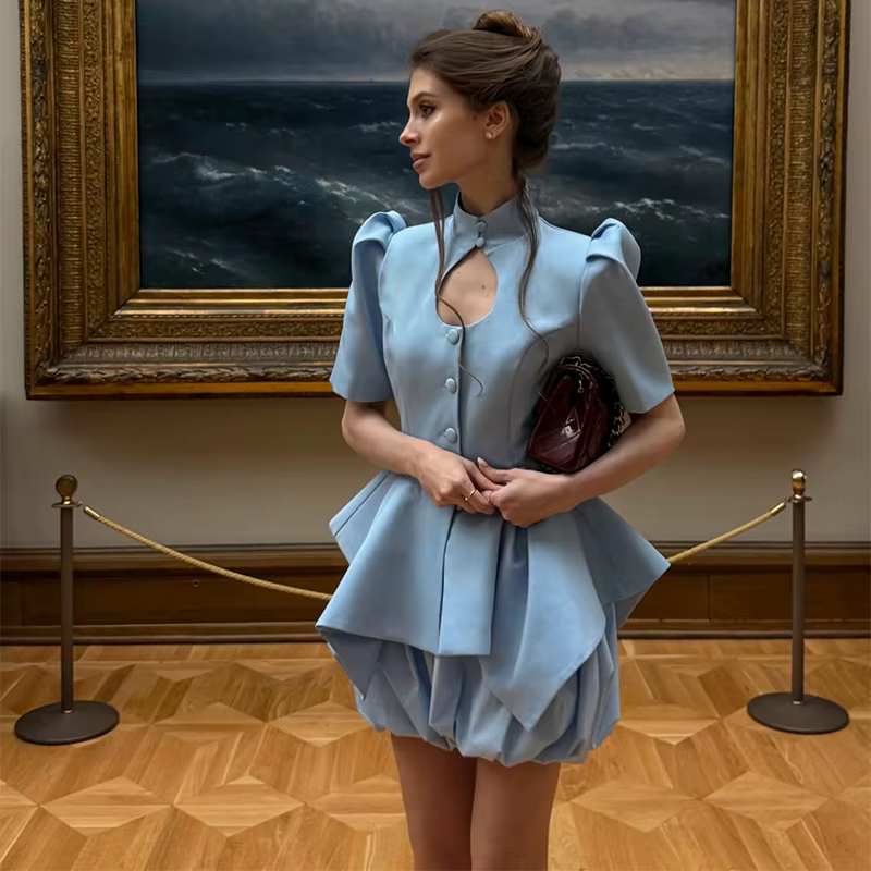 Ensemble deux pièces gothique noir pour femmes, haut à manches bouffantes et short taille haute, ten