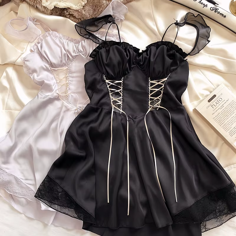 Chemise de nuit française sexy pour femme, satin soyeux, dentelle, Lolita Pure Desire, taille simple