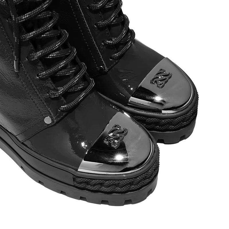 Semelle plate-forme optique noire, bottes romaines à fermeture éclair, baskets montantes, cuir verni