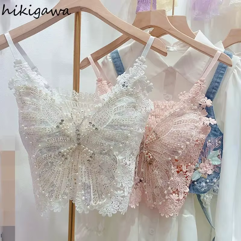 Femmes vêtements lourd perles débardeur fleuri Sexy culture hauts Ropa Mujer dentelle papillon haut 