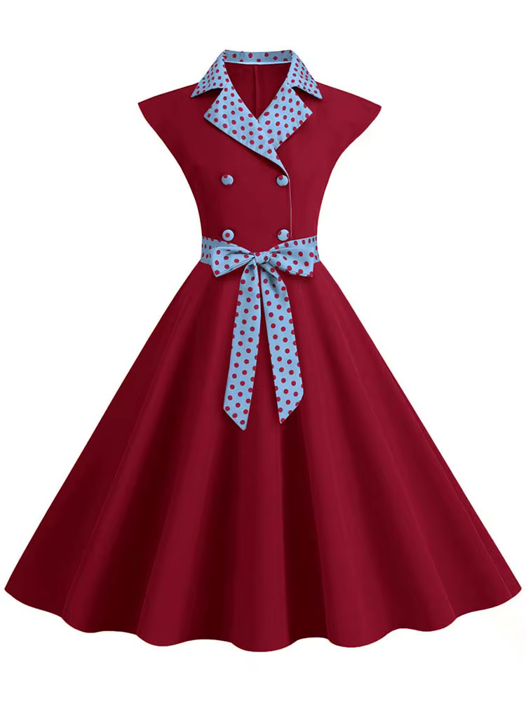 Col cranté Vintage solide robes de soirée femmes été sans manches ceinturé Midi balançoire robe d'ét