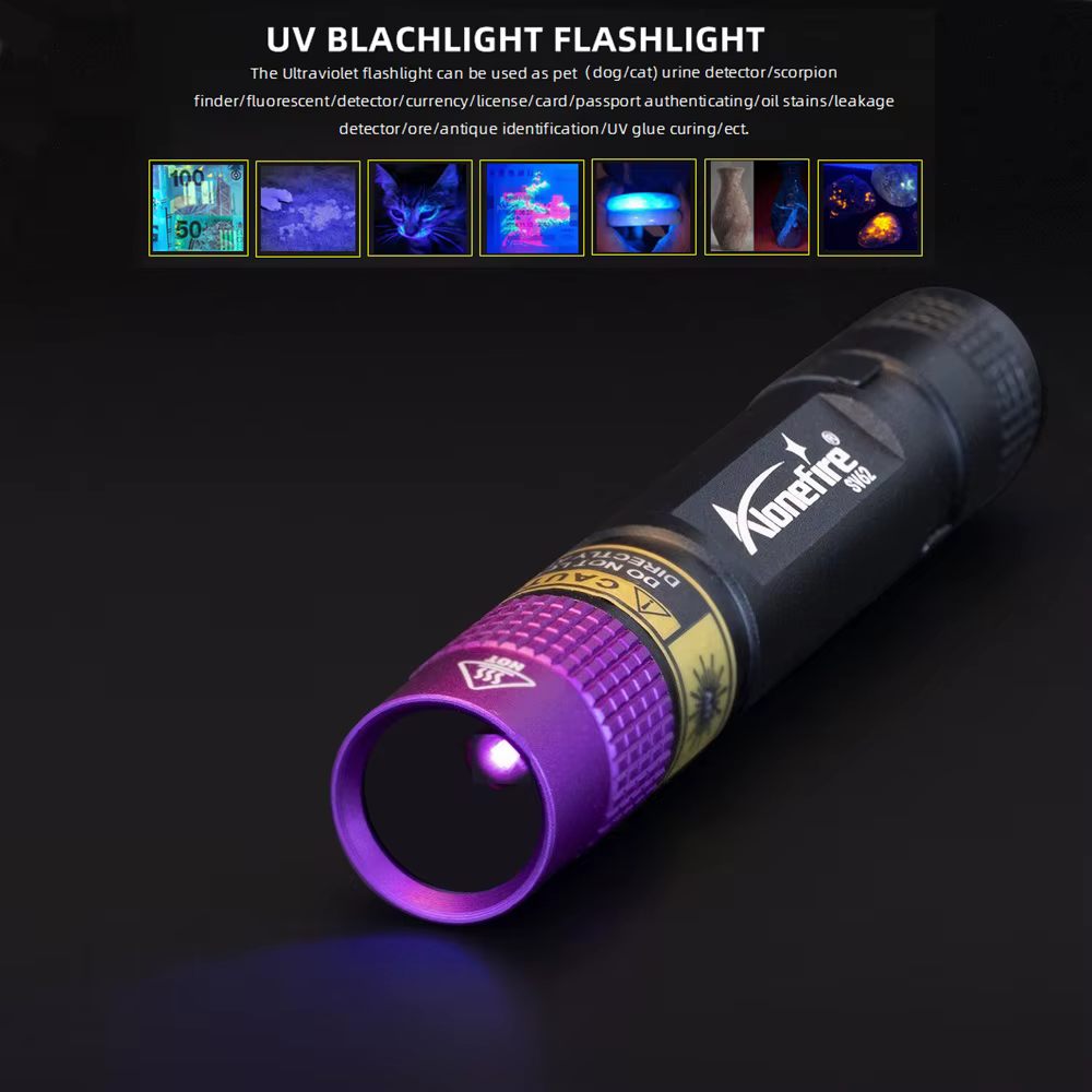 365/395nm lampe de poche Uv lumière noire Mini torche ultraviolette minerai d'argent Urine animale I