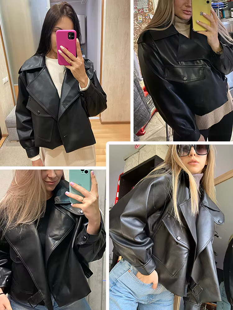 FTLZZ blouson de motard en similicuir femme, col rabattu, PU, Streetwear, ample, vêtement d'extérieu