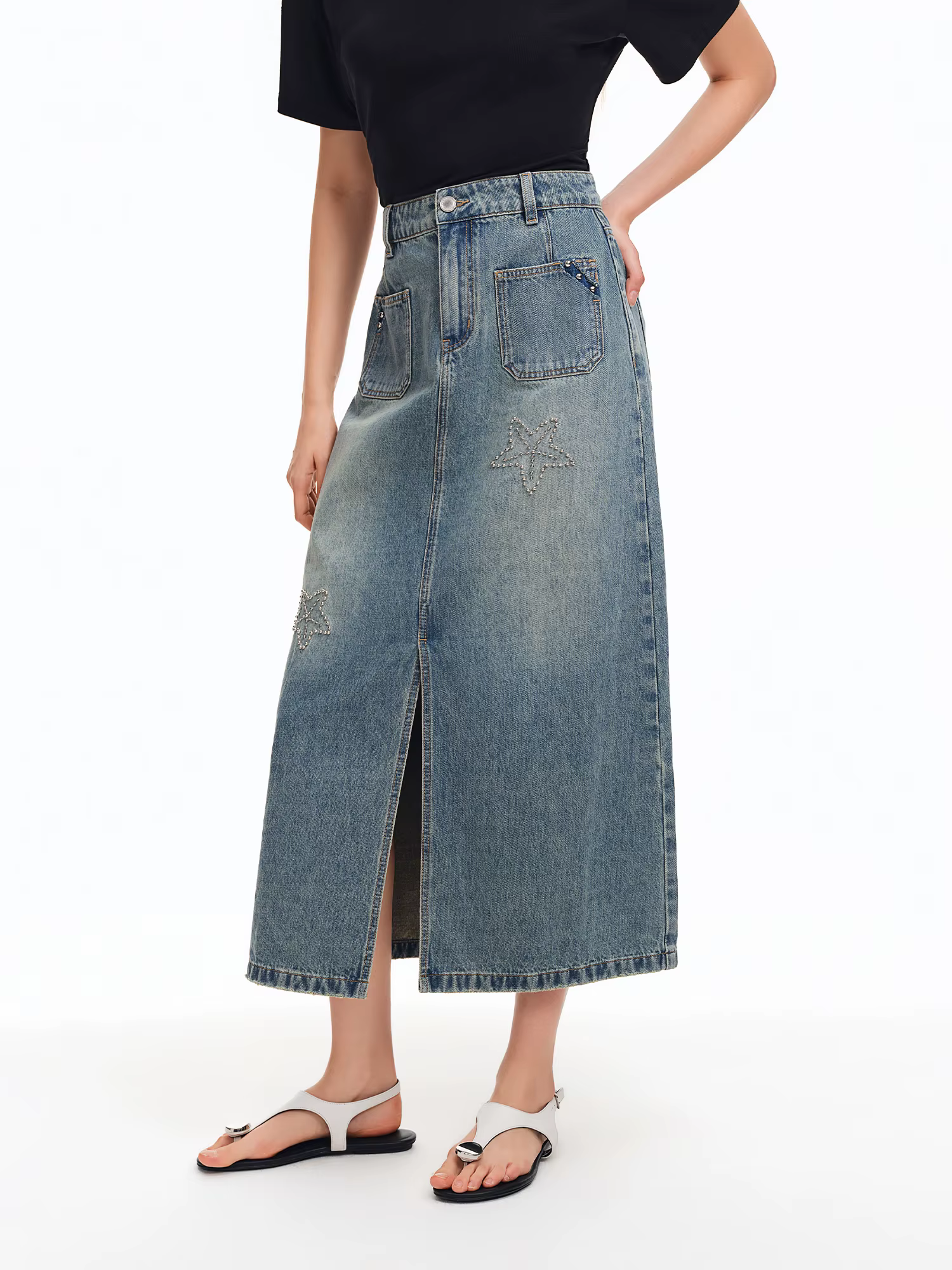 DUSHU 2026 Nouvelle Jupe Midi en Jean Brodé Étoile de Mer pour Femme, Jupe Longue Vintage Coupe Trap