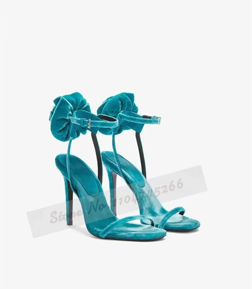 Sandales élégantes en velours turquoise à fleurs, talons fins, escarpins bordeaux à nœud papillon, c