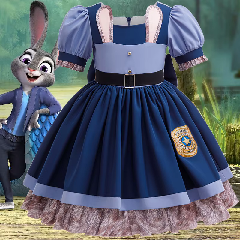 Costume Disney Zootopia 2 Judy Hopps pour filles, robe de lapin de police avec ceinture pour Hallowe