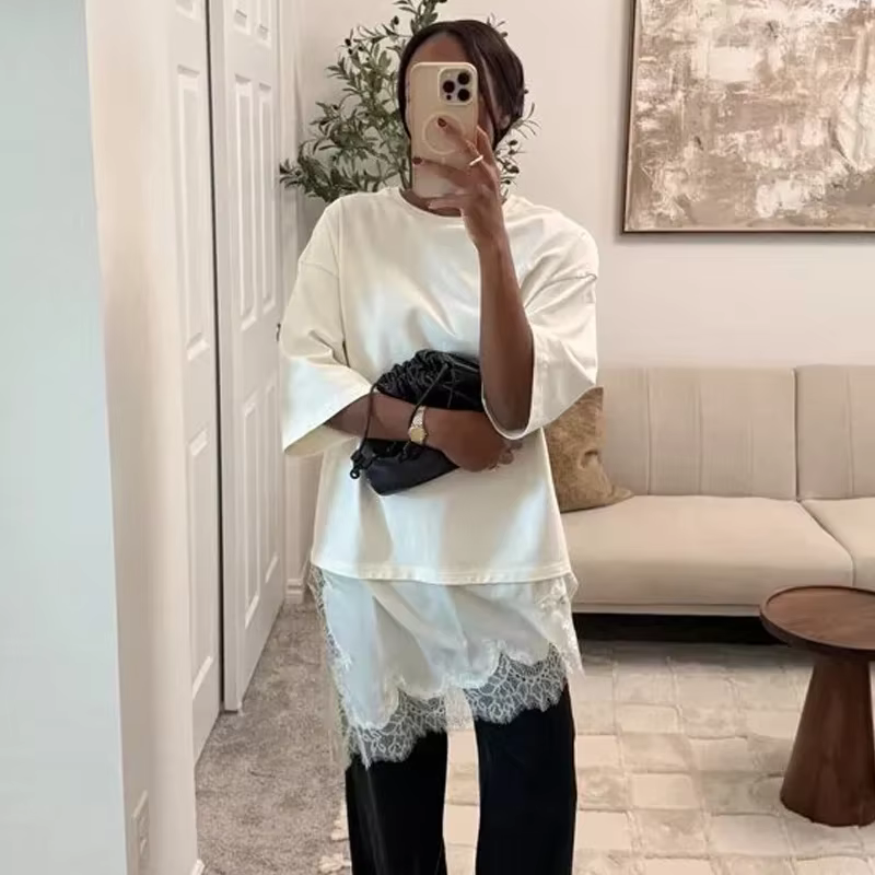 MUJER Polo dentelle femmes T-shirt asymétrique débardeurs pour femme à manches courtes drôle femme T
