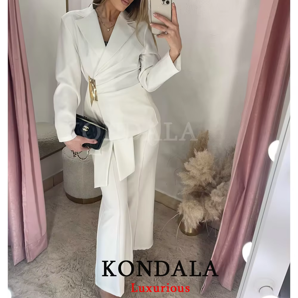 KONDALA – Nouveauté Chic pour Femme : Ensemble Blazer Blanc Uni à Manches Longues et Pantalon Long Z