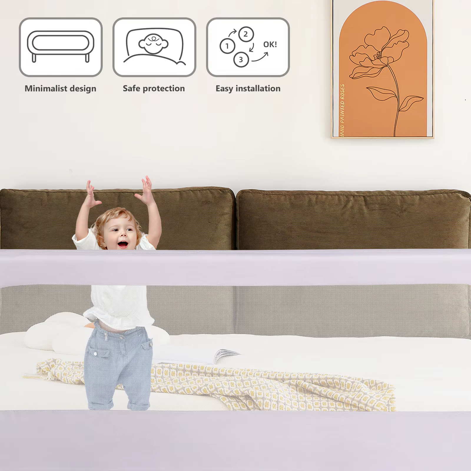 Barrière de lit portable pour enfants 180/200 x 65 cm, pliable et portable, barrière de sécurité ant