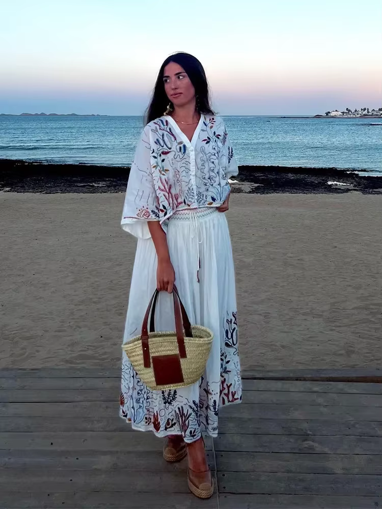 Jupe Maxi Brodée à Manches Chauve-Souris en Coton Blanc, Organisme Marin, Ensemble de Robe à Glands,