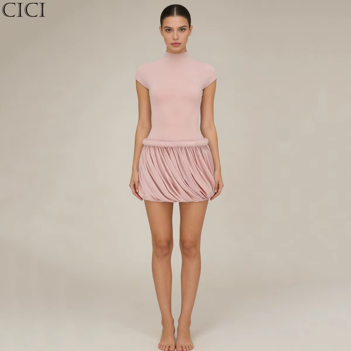 Nouvelle Robe Courte Femme CiCi 2026 Col Montant Manches Courtes Jupe Drapée Froncée Décontractée So