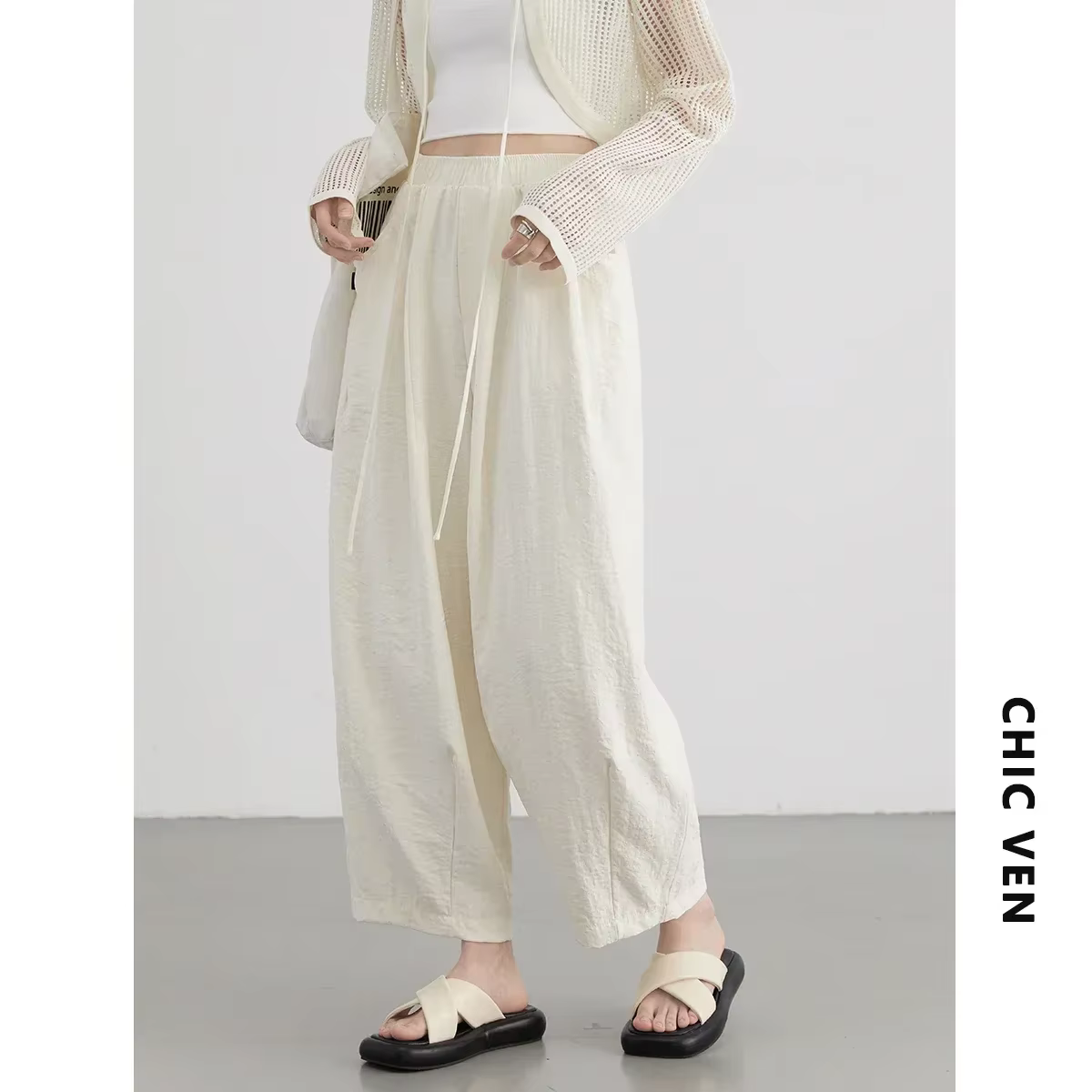 CHIC VEN femmes blanc pantalon solide décontracté taille élastique taille haute plissé jambe large f