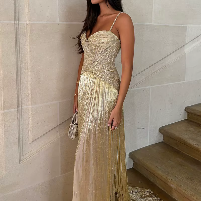 Robe portefeuille Sexy sans manches à franges creuses, dos nu, coupe cintrée, à paillettes brillante