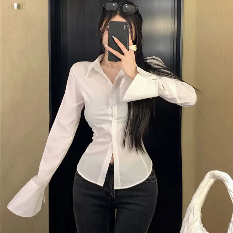 Chemisier slim à manches cloche pour femmes, chemises bandage coréennes, streetwear tout assressenti
