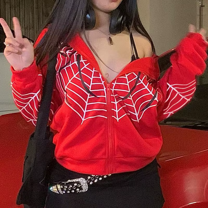 Y2k strass squelette veste à capuche femmes gothique noir fermeture éclair surdimensionné sweats fem