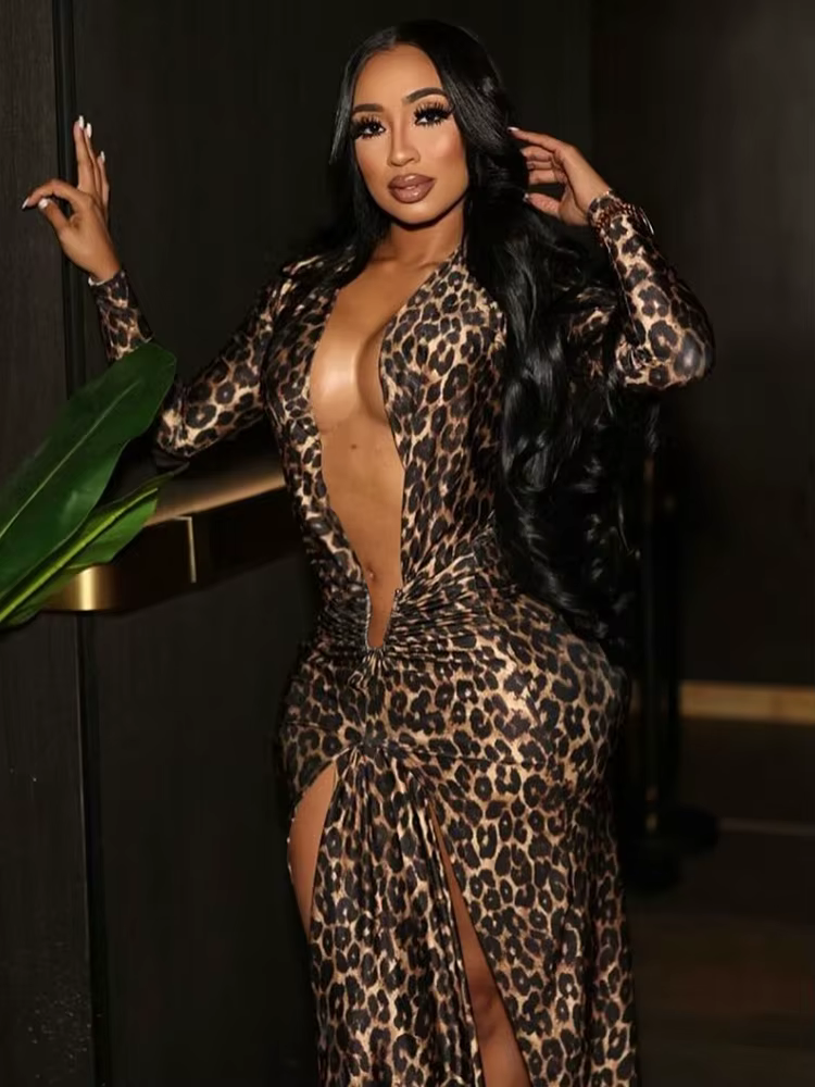 Robe Y2K pour femmes, imprimé léopard, chat bizarre, Sexy, décolleté en v profond, ruban froncé, sli