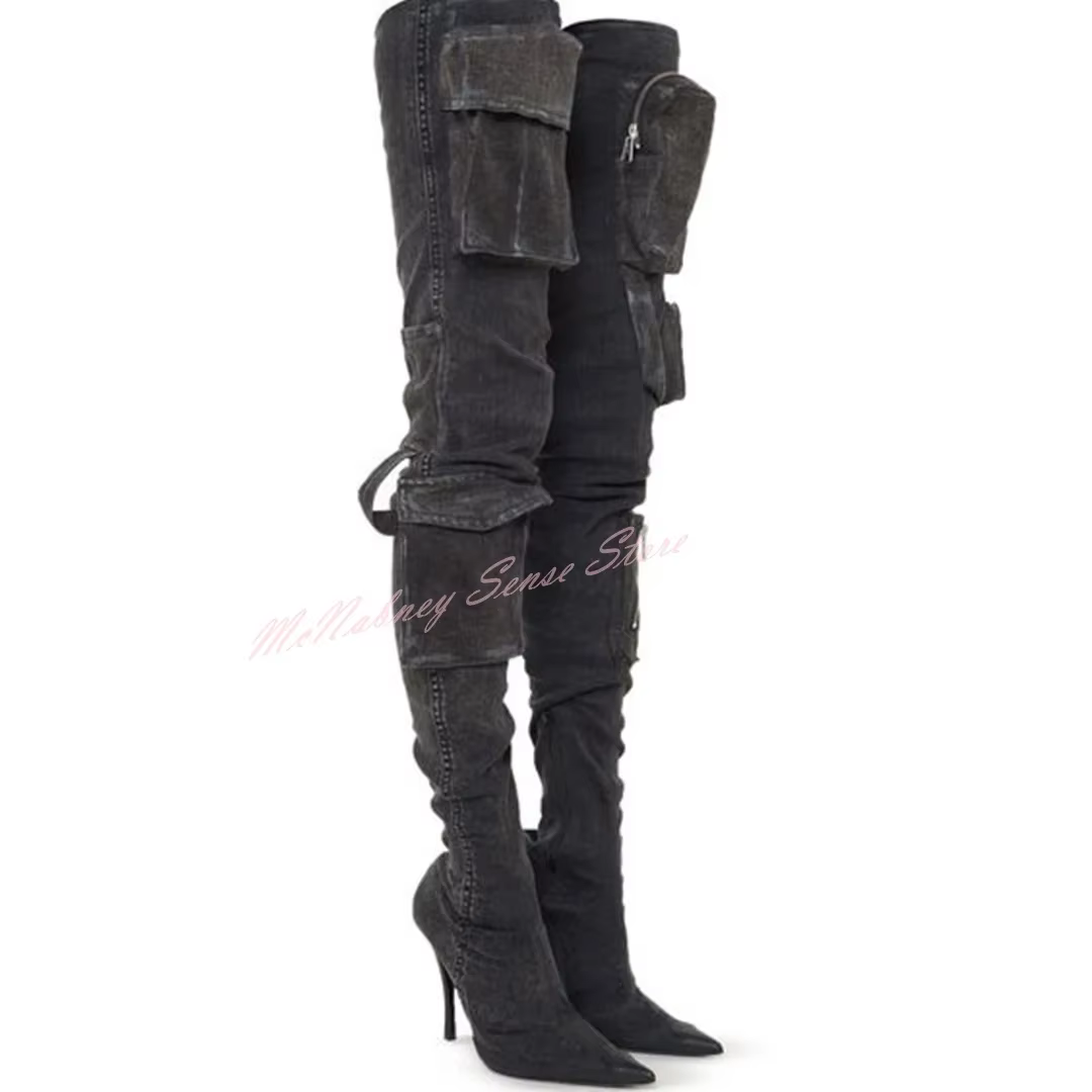 Bottes à lanières de poche en denim pour femmes, chaussures pointues Parker, talons aiguilles, cuiss