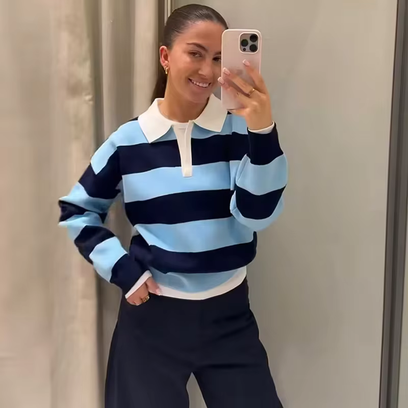 Pull tricoté rayé col polo pour femme, nouvelle collection 2026, mode printemps, coupe ample, élégan