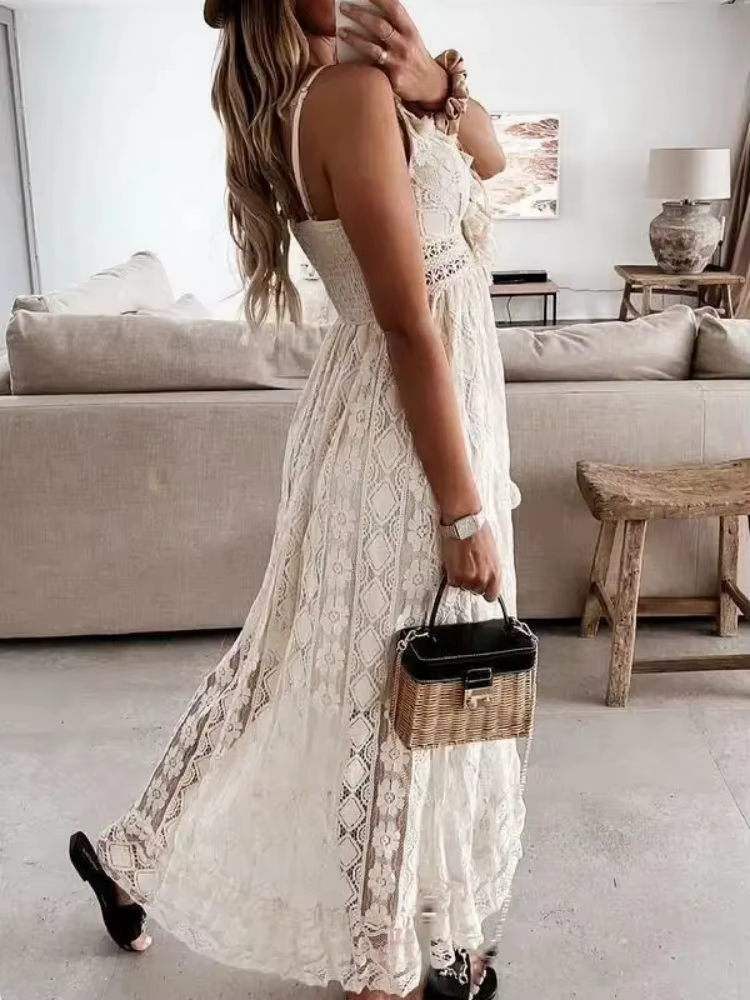 Robe longue en dentelle sans manches pour femmes, mode d'été, Sexy, plage, vacances, col en V, ajour