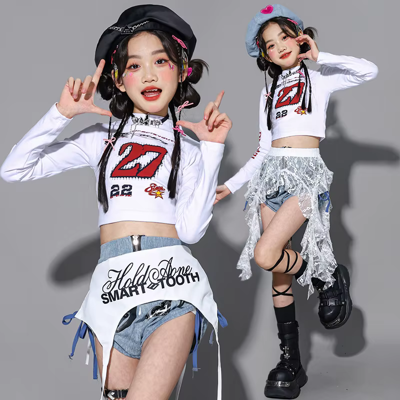Vêtements de danse Kpop pour filles, tenue de spectacle de jazz sur scène, haut court blanc, short e