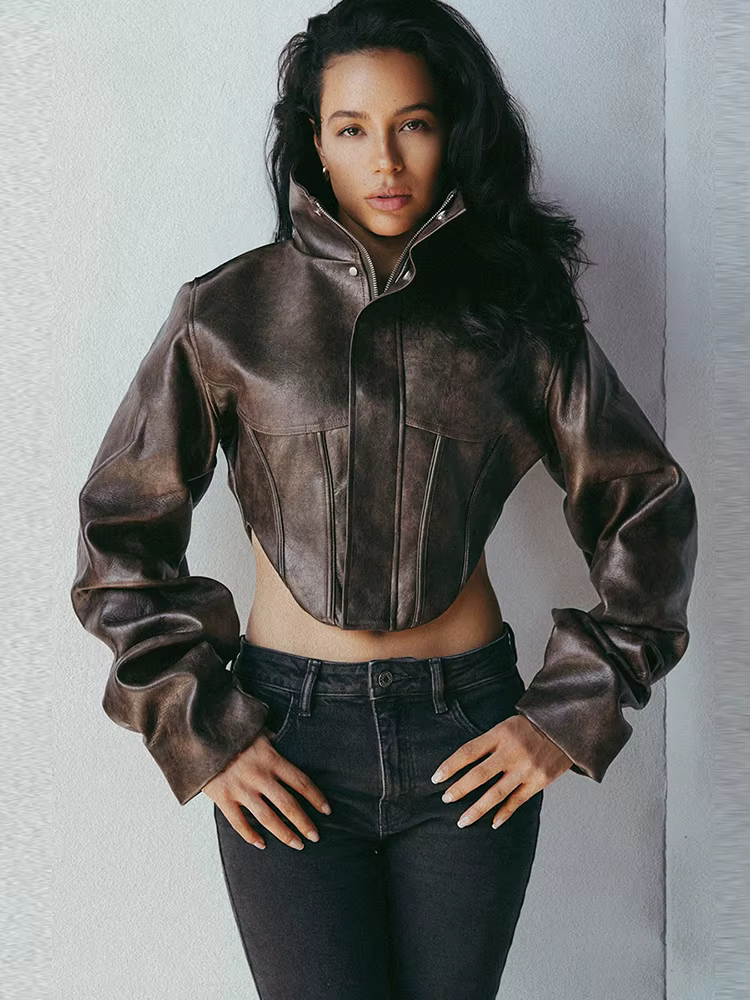 Nibber Hottie Crop Veste Femmes Col Roulé Pu Irrégulière Zip Bouton À Manches Complètes Sauvage Sexy