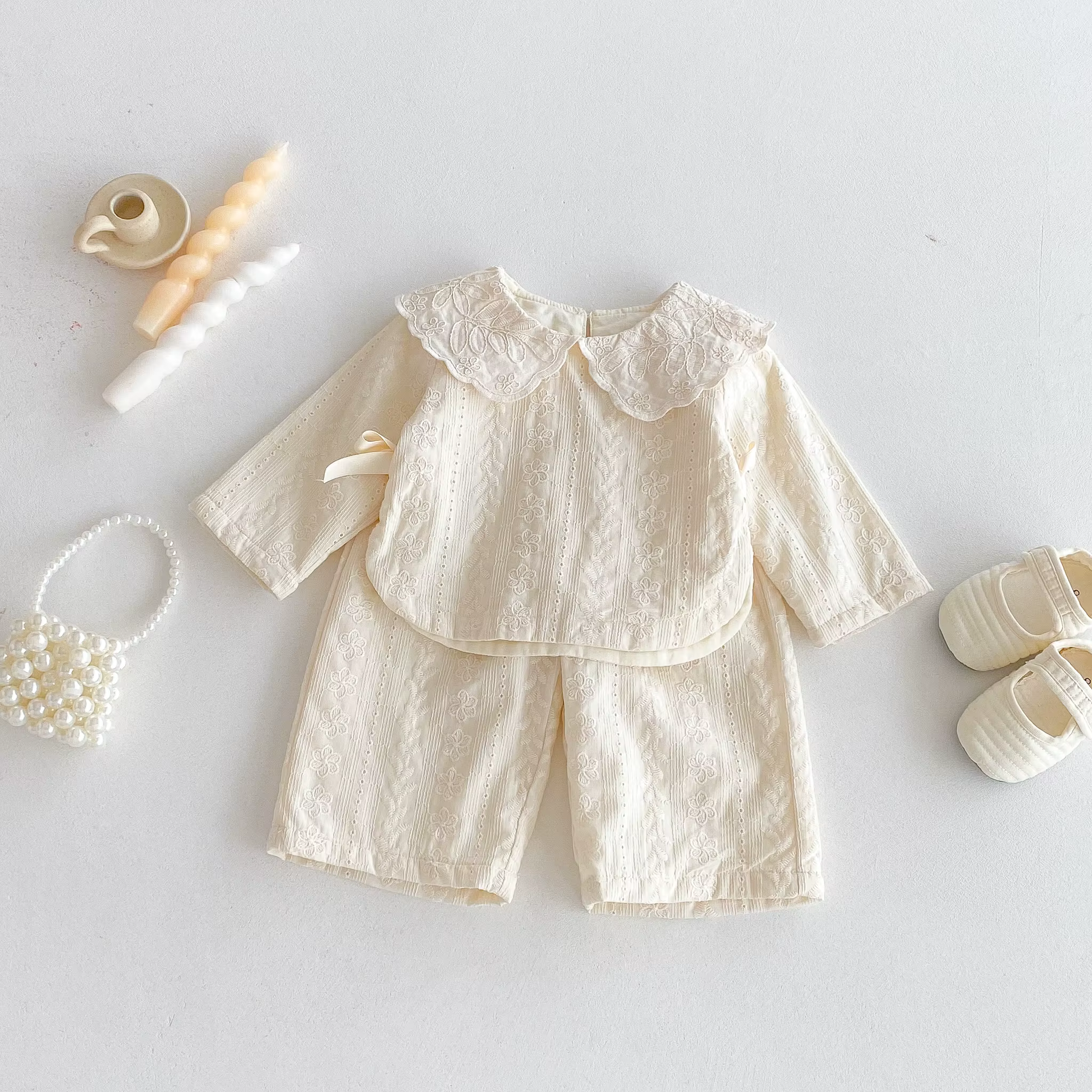 Haut à col en dentelle pour bébé fille, ensemble pantalon à jambes larges, haut à nœud pour fille d'