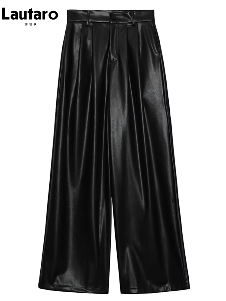 Lautaro-Pantalon à jambes larges en cuir PU pour femme, décontracté, fluide, doux, noir, marron, tai