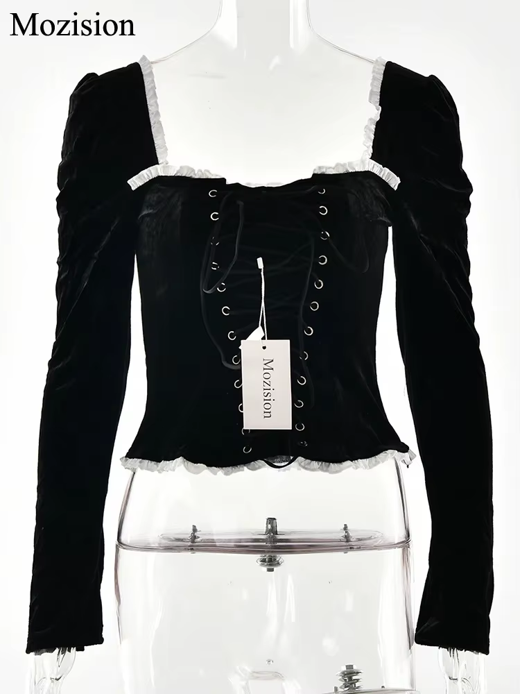 Mozision col carré dos nu pansement Sexy T-shirt femmes automne hiver nouveau noir épaulette manches