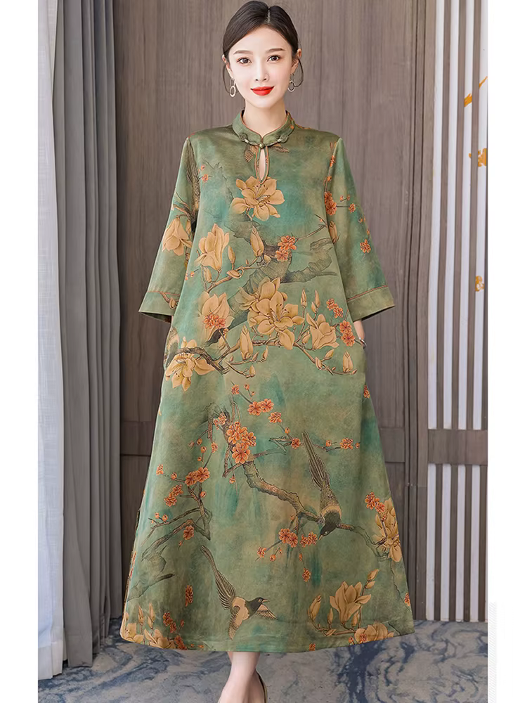 Robe maxi verte à manches longues pour femmes, col montant, vintage coréen, luxe élégant, automne, h