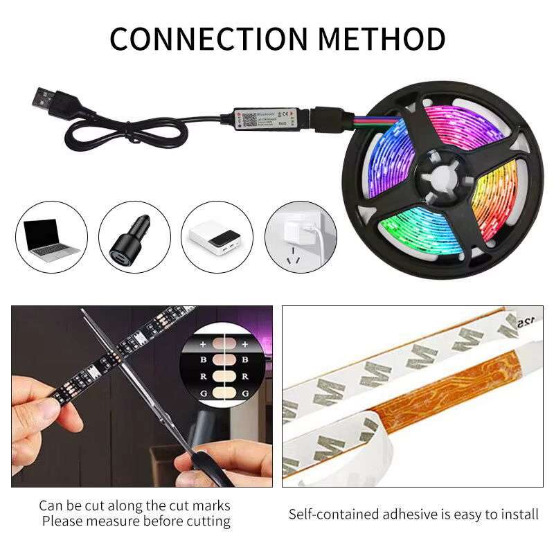 Bande lumineuse RGB LED USB, SMD 2835, 5V, flexible, 3m, ruban de lumière intelligent, Bluetooth, po