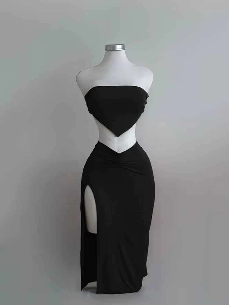Ensemble 2 pièces pour femmes, haut court, dos nu, jupe taille haute, Sexy, Slim Fit, robe mi-longue