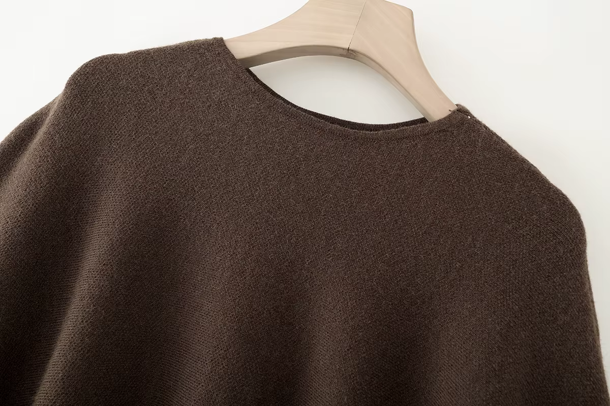 ETJ 2025 nouvelle mode femme surdimensionné version ample du col rond cape pull couleur unie manches