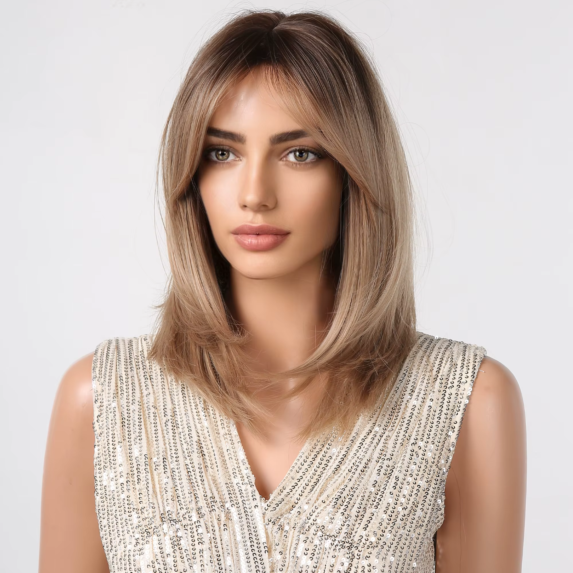 Perruque synthétique courte en couches, brun ombré, longueur moyenne, lisse, aspect naturel, avec fr