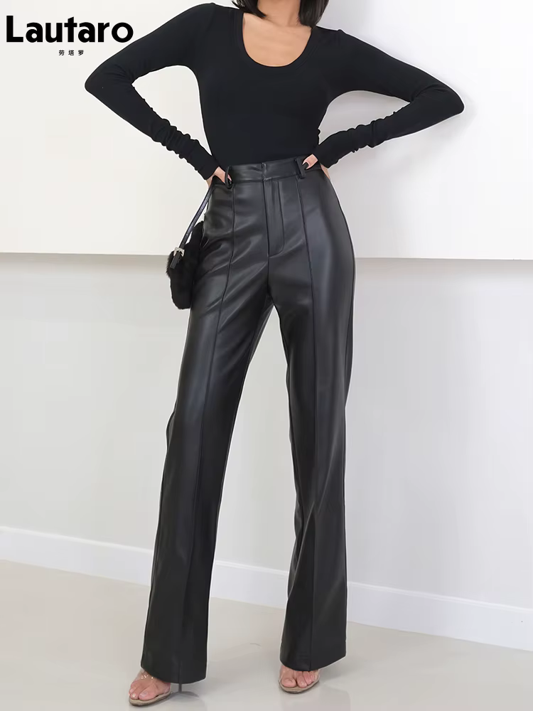 Lautaro – pantalon Long en cuir Pu souple pour femme, noir, avec fermeture éclair, taille haute, déc