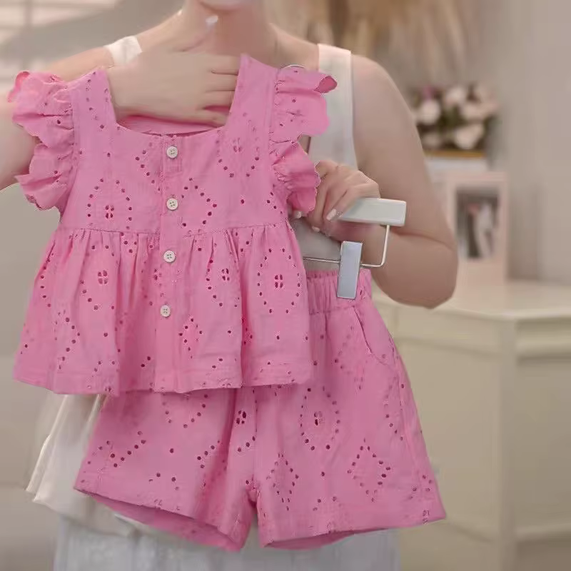 Nouveau style coréen filles été rose coton costume bébé creux petites manches volantes haut + short 